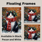 Tuxedo Cat Christmas Wall Art with Red Scarf and Holly Wreath for Winter Snow Festive Puppy Holiday Artwork on Flat Rolled, Framed or Wrapped Canvas