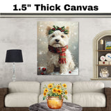 West Highland Terrier Christmas Dog Wall Art with Red Scarf and Holly Wreath for Winter Snow Festive Puppy Holiday Artwork on Flat Rolled, Framed or Wrapped Canvas
