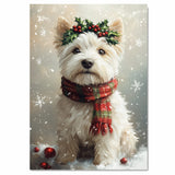 West Highland Terrier Christmas Dog Wall Art with Red Scarf and Holly Wreath for Winter Snow Festive Puppy Holiday Artwork on Flat Rolled, Framed or Wrapped Canvas