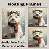 West Highland Terrier Christmas Dog Wall Art with Red Scarf and Holly Wreath for Winter Snow Festive Puppy Holiday Artwork on Flat Rolled, Framed or Wrapped Canvas