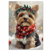 Yorkshire Terrier Christmas Dog Wall Art with Red Scarf and Holly Wreath for Winter Snow Festive Puppy Holiday Artwork on Flat Rolled, Framed or Wrapped Canvas