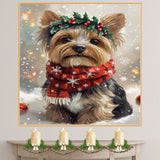 Yorkshire Terrier Christmas Dog Wall Art with Red Scarf and Holly Wreath for Winter Snow Festive Puppy Holiday Artwork on Flat Rolled, Framed or Wrapped Canvas