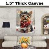 Yorkshire Terrier Christmas Dog Wall Art with Red Scarf and Holly Wreath for Winter Snow Festive Puppy Holiday Artwork on Flat Rolled, Framed or Wrapped Canvas