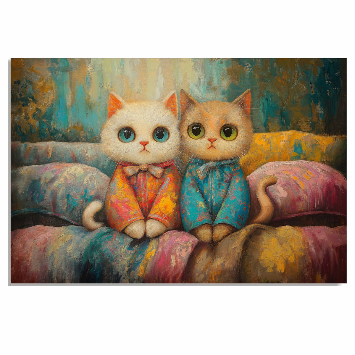 Painting of Two Cute Kittens Sitting Side by Side in Colorful Pajamas with Big Eyes and Soft Fur on a Cozy Bed Surrounded by Pastel Colors and Whimsical Textures on Ready to Hang 1.5" Thick Canvas Wrap, Floating Framed Canvas, Flat Rolled Canvas