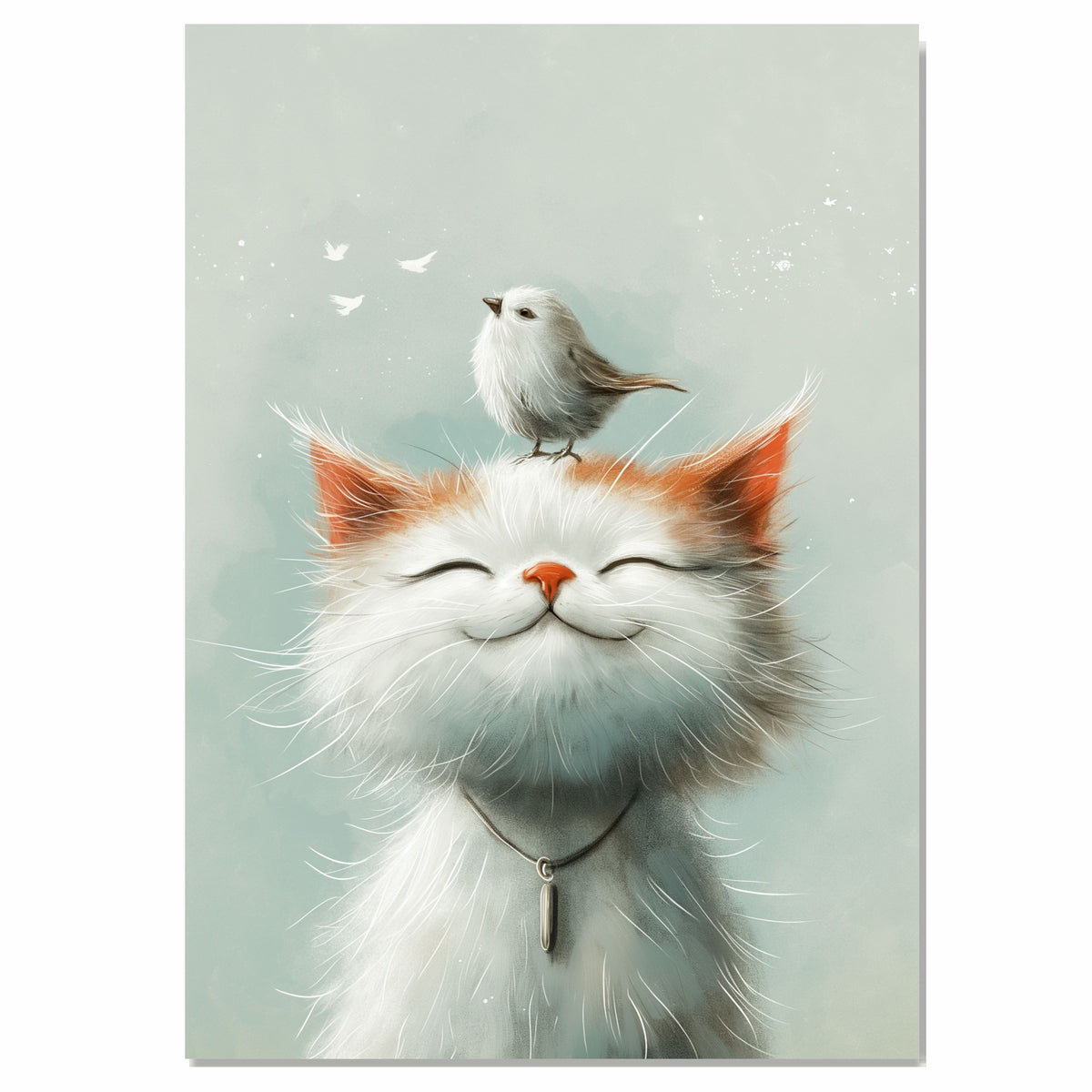 Peaceful White Cat with Bird on Head Serene Animal Art for Nursery Kids Room and Pet Lovers Uplifting Gift for Bird and Cat Enthusiasts on Ready to Hang 1.5" Thick Canvas Wrap, Floating Framed Canvas, Flat Rolled Canvas