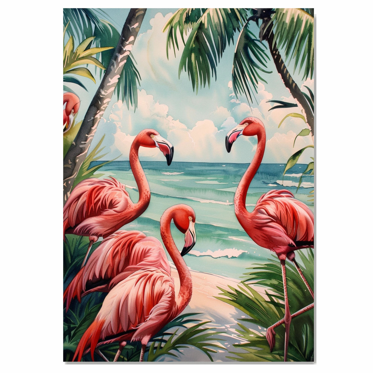 Tropical Flamingos on Beach with Palm Trees and Ocean Waves in Watercolor Illustration Art Print on Ready to Hang 1.5" Thick Canvas Wrap, Floating Framed Canvas, Flat Rolled Canvas
