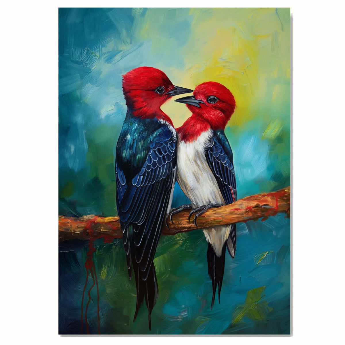 Two Red Headed Birds on Branch with Deep Blue Feathers and Bright Green Background in a Romantic Wildlife Painting Filled with Nature’s Vibrant Beauty on Ready to Hang 1.5" Thick Canvas Wrap, Floating Framed Canvas, Flat Rolled Canvas