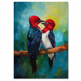 Two Red Headed Birds on Branch with Deep Blue Feathers and Bright Green Background in a Romantic Wildlife Painting Filled with Nature’s Vibrant Beauty on Ready to Hang 1.5" Thick Canvas Wrap, Floating Framed Canvas, Flat Rolled Canvas