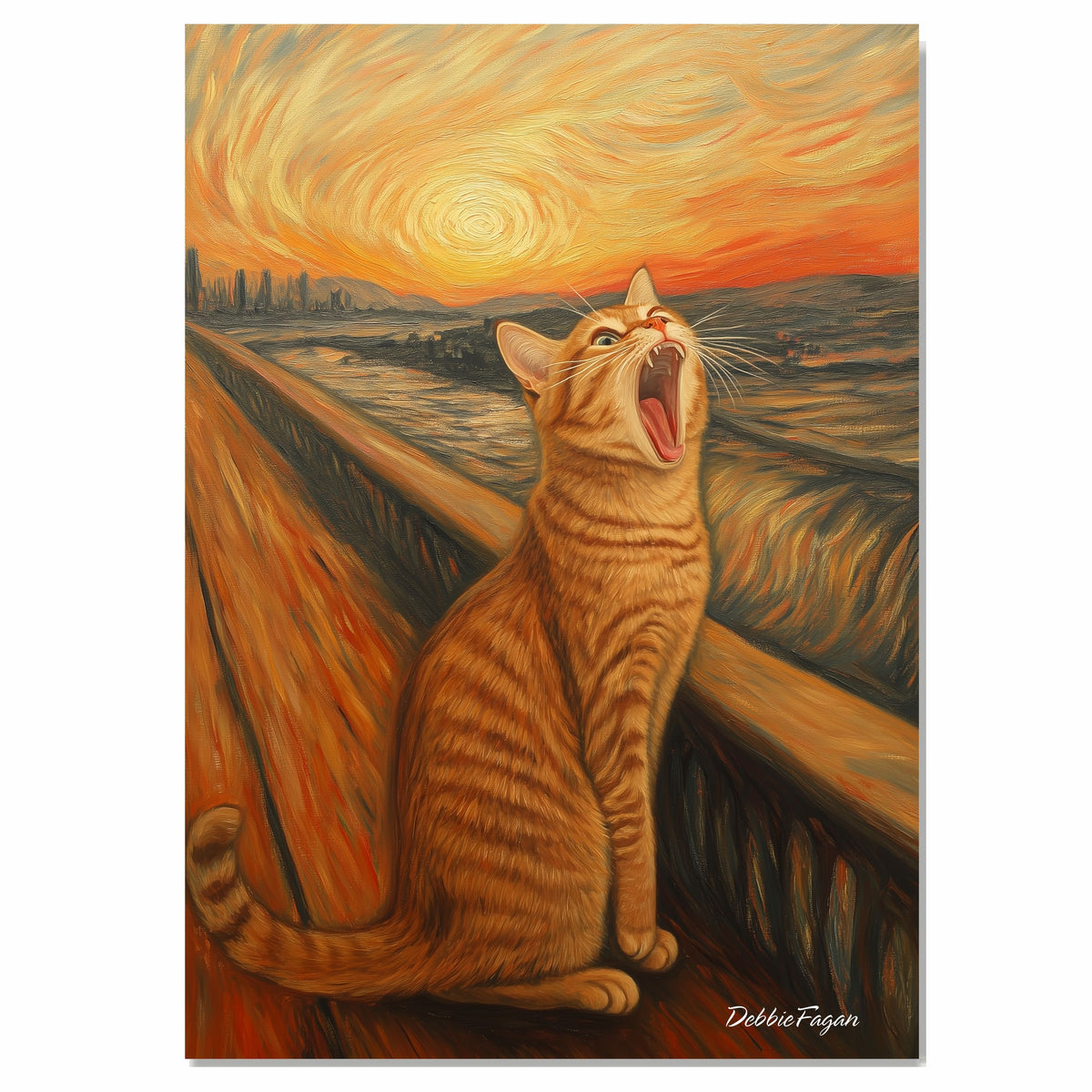 The Scream Cat – Funny Parody Art of a Yawning Orange Tabby in Iconic Expressionist Style on Ready to Hang 1.5" Thick Canvas Wrap, Floating Framed Canvas, Flat Rolled Canvas
