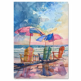 Watercolor Painting of Beach Chairs & Umbrellas by the Shore – Coastal Scene on Ready to Hang 1.5" Thick Canvas Wrap, Floating Framed Canvas, Flat Rolled Canvas