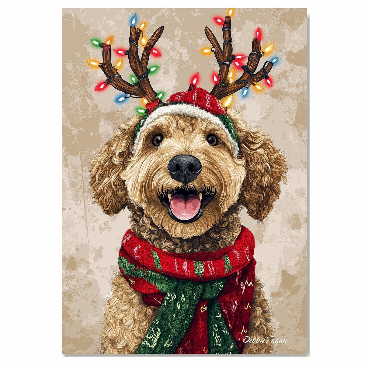 Rustic Glow - Bernedoodle Dog with Twinkling Antlers & Holiday Scarf on Rustic Background, Ready to Hang 1.5" Thick Canvas Wrap, Floating Framed Canvas, Flat Rolled Canvas