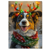 Australian Shepherd Christmas Charm - 'Merry Antlers' - Australian Shepherd Dog with Glowing Antlers & Holiday Scarf on Ready to Hang 1.5" Thick Canvas Wrap, Floating Framed Canvas, Flat Rolled Canvas