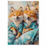 Charming Painting of Two Smiling Foxes or Wolves in Colorful Pajamas with Joyful Expressions Perfect for Nursery Kids Room or Animal Lover Gift on Ready to Hang 1.5" Thick Canvas Wrap, Floating Framed Canvas, Flat Rolled Canvas