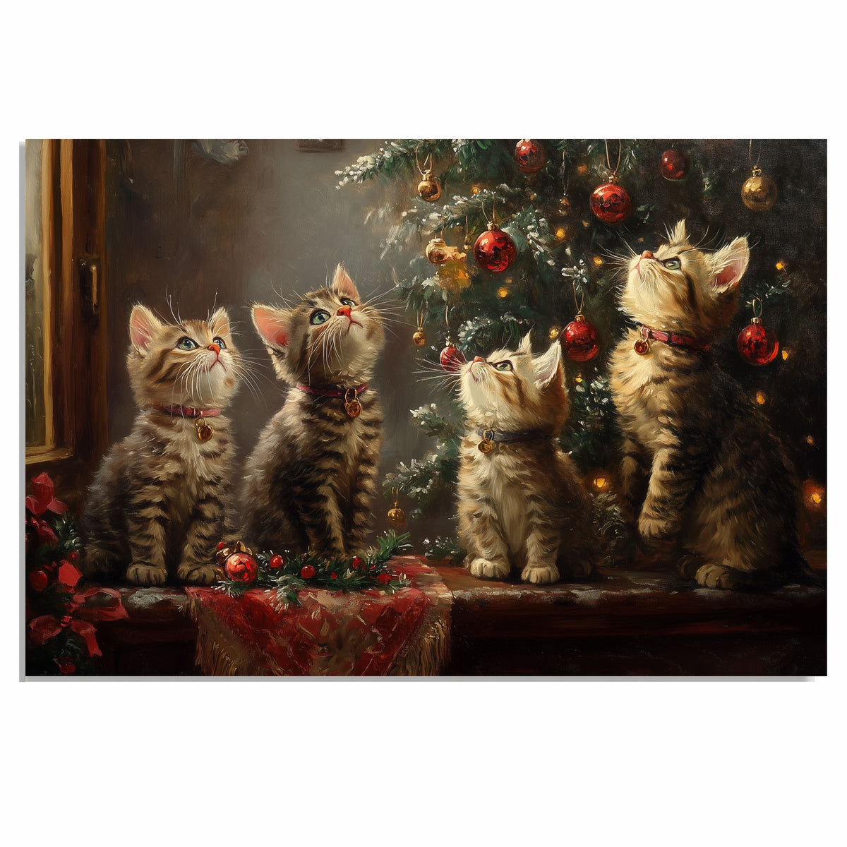 Christmas Magic: Four Adorable Kittens Under the Tree Retro Holiday Painting on Ready to Hang 1.5" Thick Canvas Wrap, Floating Framed Canvas, Flat Rolled Canvas
