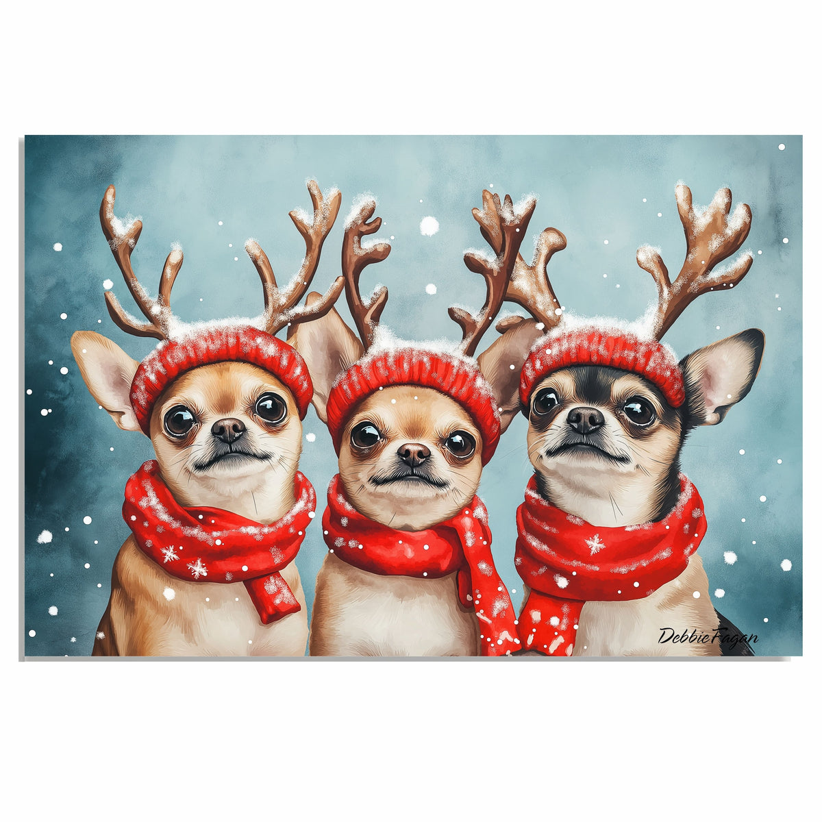 Dog Christmas Canvas  - "Chilly Chihuahuas" - Charming Chihuahua Dogs in Antlers Amidst Winter Snow on Ready to Hang 1.5" Thick Canvas Wrap, Floating Framed Canvas, Flat Rolled Canvas