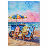 Watercolor Painting of an Ice Cream Cart and Colorful Chairs on the Beach on Ready to Hang 1.5" Thick Canvas Wrap, Floating Framed Canvas, Flat Rolled Canvas