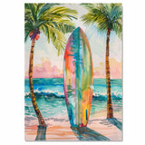 Watercolor Painting of Multicolored Surfboard Between Palm Trees on a Sunny Beach on Ready to Hang 1.5" Thick Canvas Wrap, Floating Framed Canvas, Flat Rolled Canvas