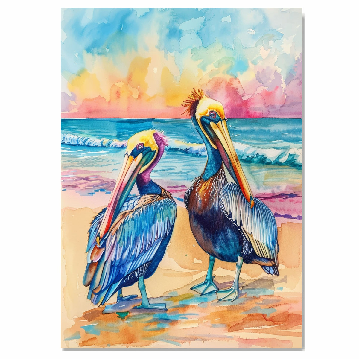 Two Vibrant Pelicans on a Tropical Beach with Ocean Waves and Sunset Sky in Colorful Watercolor Illustration on Ready to Hang 1.5" Thick Canvas Wrap, Floating Framed Canvas, Flat Rolled Canvas