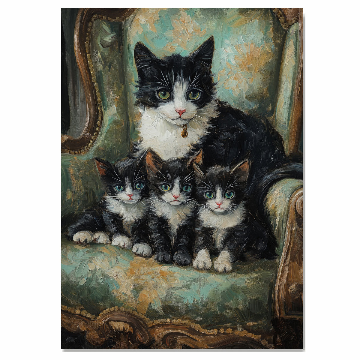 Elegant Tuxedo Cat Family: Victorian Charm with Three Kittens on a European Sofa on Ready to Hang 1.5" Thick Canvas Wrap, Floating Framed Canvas, Flat Rolled Canvas