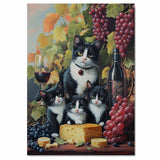 Vineyard Feast: Tuxedo Mom and Three Kittens with Wine, Grapes, and Cheese on Ready to Hang 1.5" Thick Canvas Wrap, Floating Framed Canvas, Flat Rolled Canvas