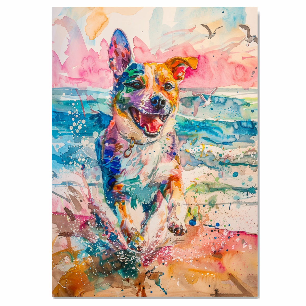 Vibrant Watercolor Dog Splashing on Beach with Birds and Ocean in Energetic Coastal Animal Art for Pet Lovers on Ready to Hang 1.5" Thick Canvas Wrap, Floating Framed Canvas, Flat Rolled Canvas