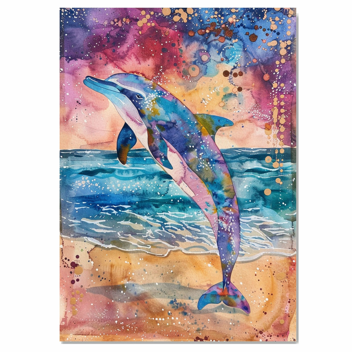 Watercolor Painting of Dolphin Leaping from Ocean with Color Splash Sky and Abstract Cosmic Sunset in Vivid Pink Blue and Gold Tones on Ready to Hang 1.5" Thick Canvas Wrap, Floating Framed Canvas, Flat Rolled Canvas