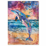 Watercolor Painting of Dolphin Leaping from Ocean with Color Splash Sky and Abstract Cosmic Sunset in Vivid Pink Blue and Gold Tones on Ready to Hang 1.5" Thick Canvas Wrap, Floating Framed Canvas, Flat Rolled Canvas