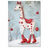 Whimsical Christmas Giraffe in Red Boots Ice Skating Through Snowy Forest with Holiday Ornaments – Playful Winter Animal Illustration for Festive Decor on Ready to Hang 1.5" Thick Canvas Wrap, Floating Framed Canvas, Flat Rolled Canvas