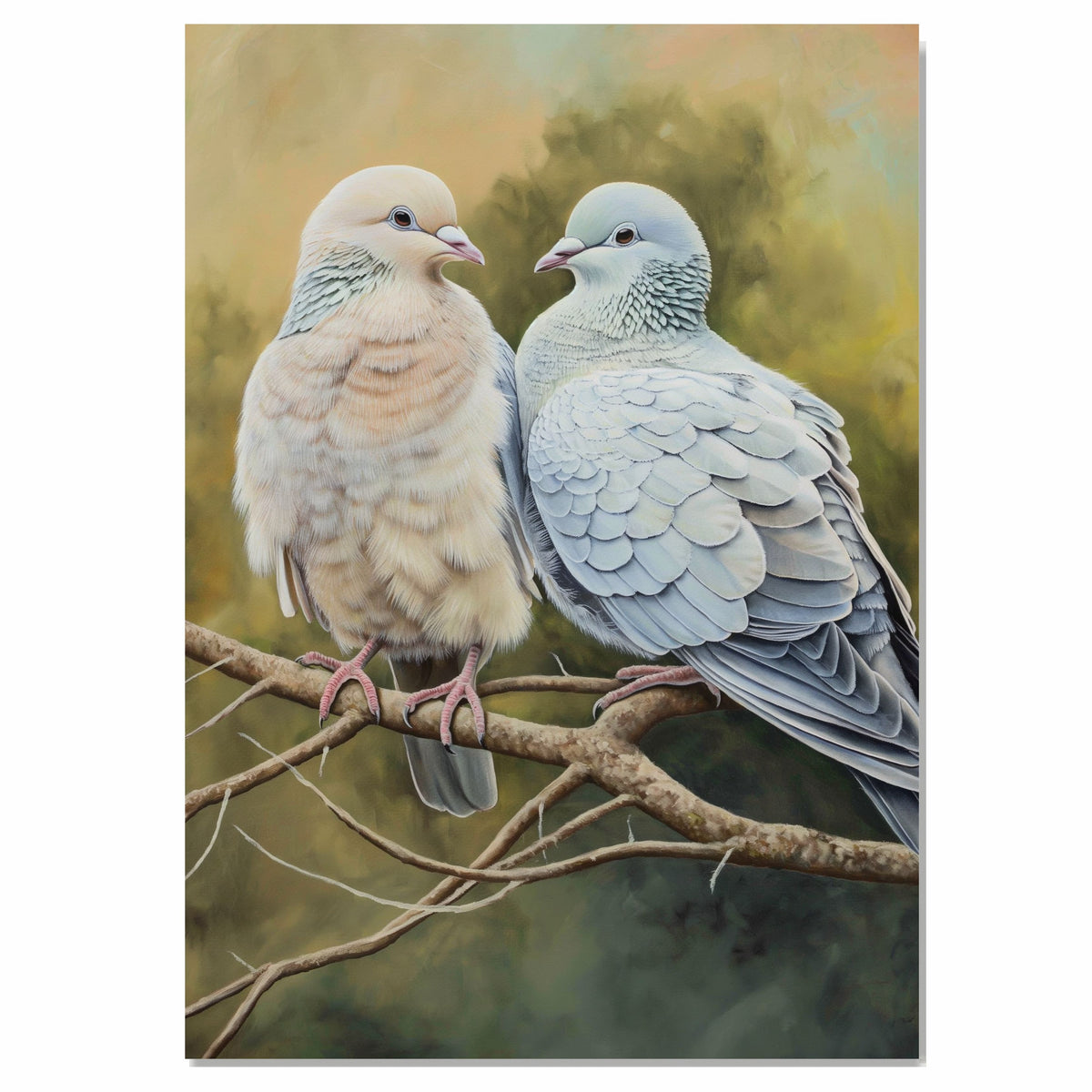 Realistic Dove Pair Artwork on Tree Branch in Natural Earth Tones with Soft Feather Details Perfect for Nature Lovers and Peaceful Home Accents on Ready to Hang 1.5" Thick Canvas Wrap, Floating Framed Canvas, Flat Rolled Canvas