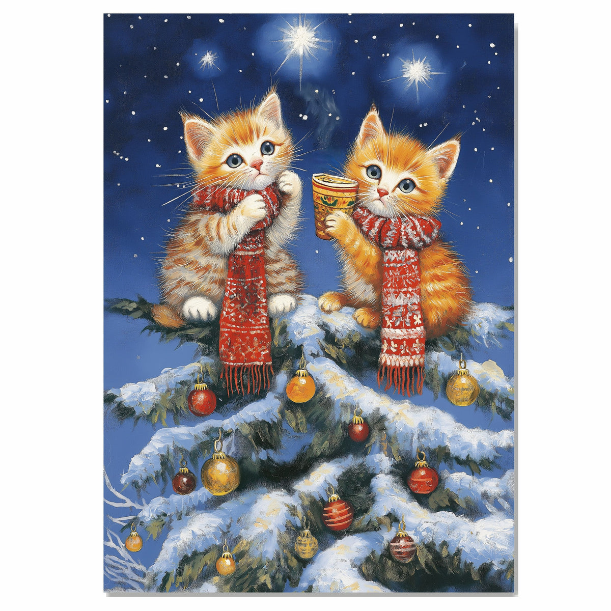 Christmas Kittens Canvas Wall Art – Orange Tabby Cats with Cocoa in Snowy Tree – Holiday Décor Print with Red Scarves & Ornaments on Ready to Hang 1.5" Thick Canvas Wrap, Floating Framed Canvas, Flat Rolled Canvas