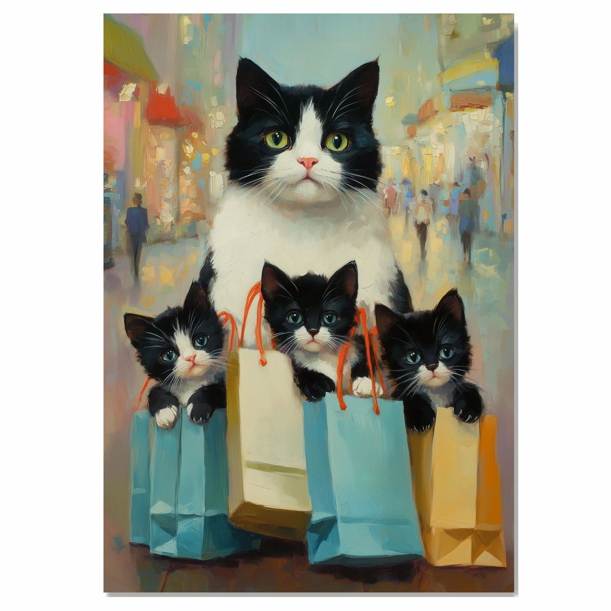 Retail Therapy: Tuxedo Cat Mom with Three Kittens in Chic Paper Bags on Ready to Hang 1.5" Thick Canvas Wrap, Floating Framed Canvas, Flat Rolled Canvas