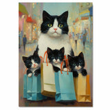 Retail Therapy: Tuxedo Cat Mom with Three Kittens in Chic Paper Bags on Ready to Hang 1.5" Thick Canvas Wrap, Floating Framed Canvas, Flat Rolled Canvas