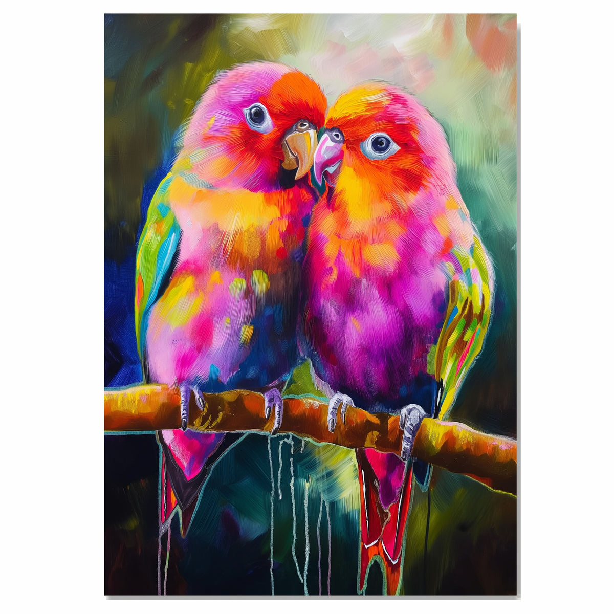 Bright Multicolor Lovebird Pair Artwork Featuring Pink Orange and Yellow Feathers Perched Closely on a Branch with Bold Expressive Brushstroke Background on Ready to Hang 1.5" Thick Canvas Wrap, Floating Framed Canvas, Flat Rolled Canvas