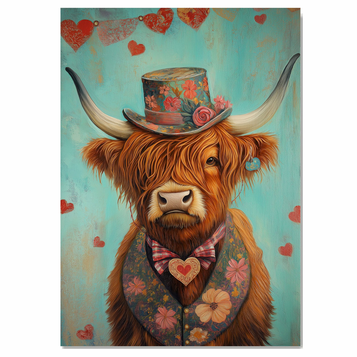 Majestic Elegance: Whimsical Highland Cattle in a Victorian-Era European Suit and Hat Heartfelt Timeless Artwork on Ready to Hang 1.5" Thick Canvas Wrap, Floating Framed Canvas, Flat Rolled Canvas