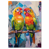 Colorful Abstract Parakeet Pair in Modern Palette Knife Painting Style with Bold Brushstrokes and Vibrant Tropical Bird Expressions on Perch on Ready to Hang 1.5" Thick Canvas Wrap, Floating Framed Canvas, Flat Rolled Canvas