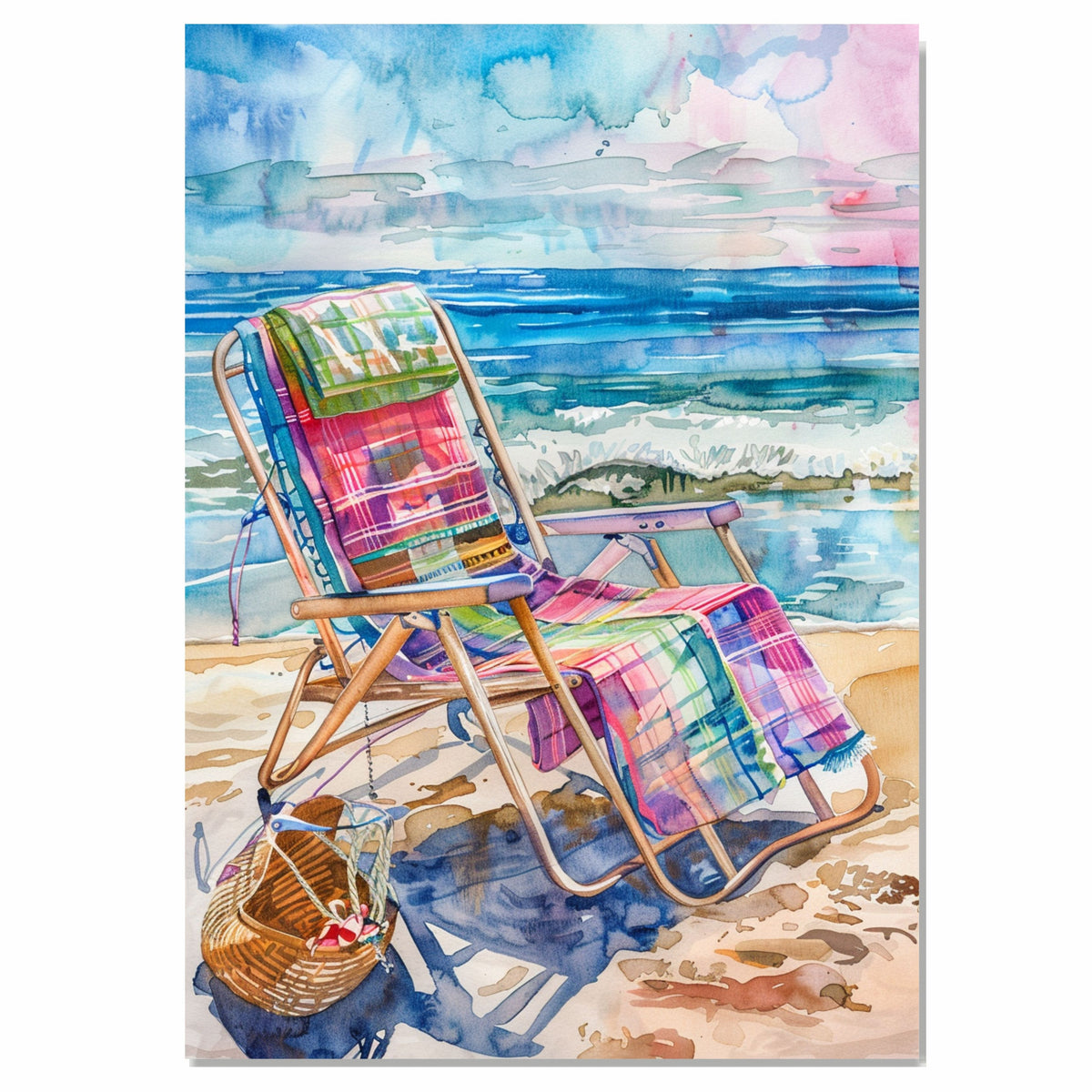 Watercolor Painting of Plaid Beach Chair and Woven Basket on Sandy Shore with Colorful Blanket and Gentle Ocean Waves on Ready to Hang 1.5" Thick Canvas Wrap, Floating Framed Canvas, Flat Rolled Canvas