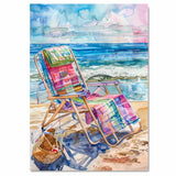 Watercolor Painting of Plaid Beach Chair and Woven Basket on Sandy Shore with Colorful Blanket and Gentle Ocean Waves on Ready to Hang 1.5" Thick Canvas Wrap, Floating Framed Canvas, Flat Rolled Canvas