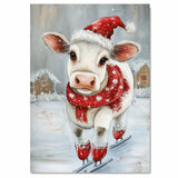 Whimsical Christmas Cow Ice Skating with Red Santa Hat and Snowflake Scarf Festive Farm Animal Illustration for Country Winter Décor and Holiday Cheer on Ready to Hang 1.5" Thick Canvas Wrap, Floating Framed Canvas, Flat Rolled Canvas
