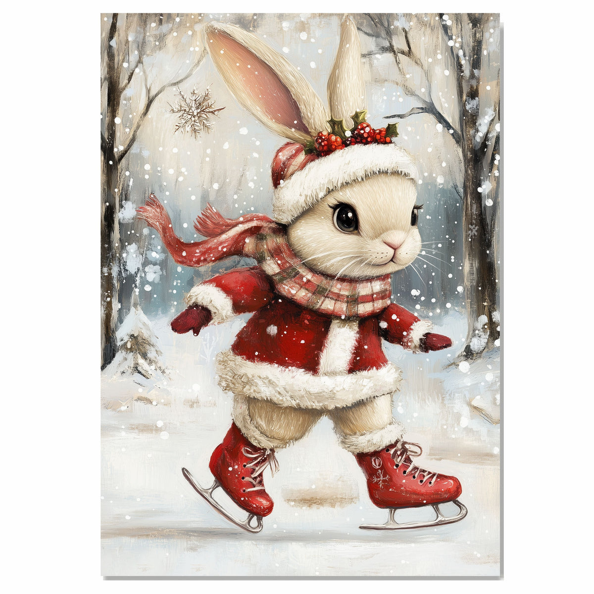 Christmas Wall Art Featuring Ice Skating Bunny in Red Coat and Holly Crown Whimsical Holiday Illustration for Winter Home Decor and Animal Lovers