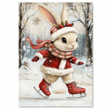 Christmas Wall Art Featuring Ice Skating Bunny in Red Coat and Holly Crown Whimsical Holiday Illustration for Winter Home Decor and Animal Lovers
