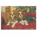 Dog Christmas Canvas - "Regal Retreat" - Elegant Cavalier King Charles Spaniel Lounging on a Vintage Red Ornate Sofa on Ready to Hang 1.5" Thick Canvas Wrap, Floating Framed Canvas, Flat Rolled Canvas