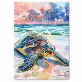 Watercolor Sea Turtle on Shore with Ocean Waves and Sunset Sky in Coastal Marine Life Painting for Beach Lovers on Ready to Hang 1.5" Thick Canvas Wrap, Floating Framed Canvas, Flat Rolled Canvas
