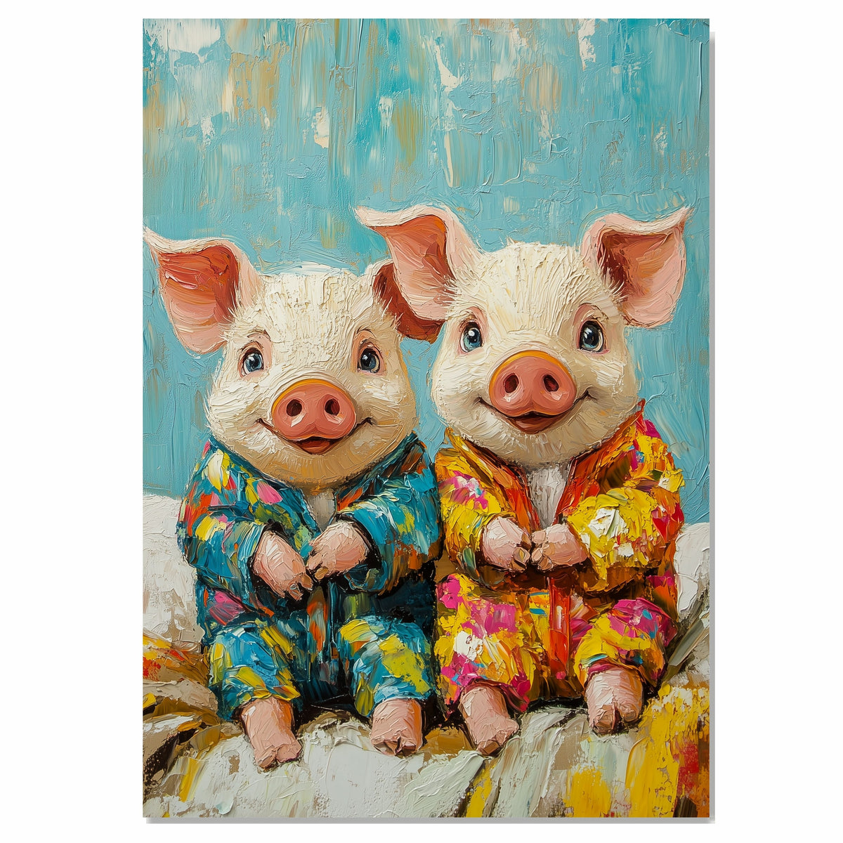 Joyful Painting of Two Cute Piglets in Bright Floral Pajamas Sitting Happily with Playful Expressions in a Textured Whimsical Style on Ready to Hang 1.5" Thick Canvas Wrap, Floating Framed Canvas, Flat Rolled Canvas