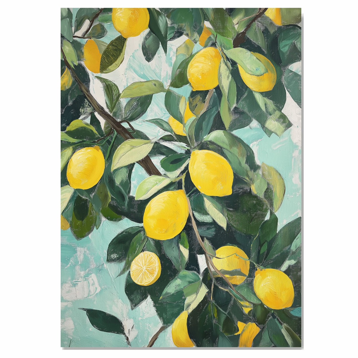 Vintage Lemon Tree Branch with Ripe Yellow Lemons and Green Leaves Artistic Botanical Illustration for Kitchen or Dining Room Rustic Farmhouse Fruit Art