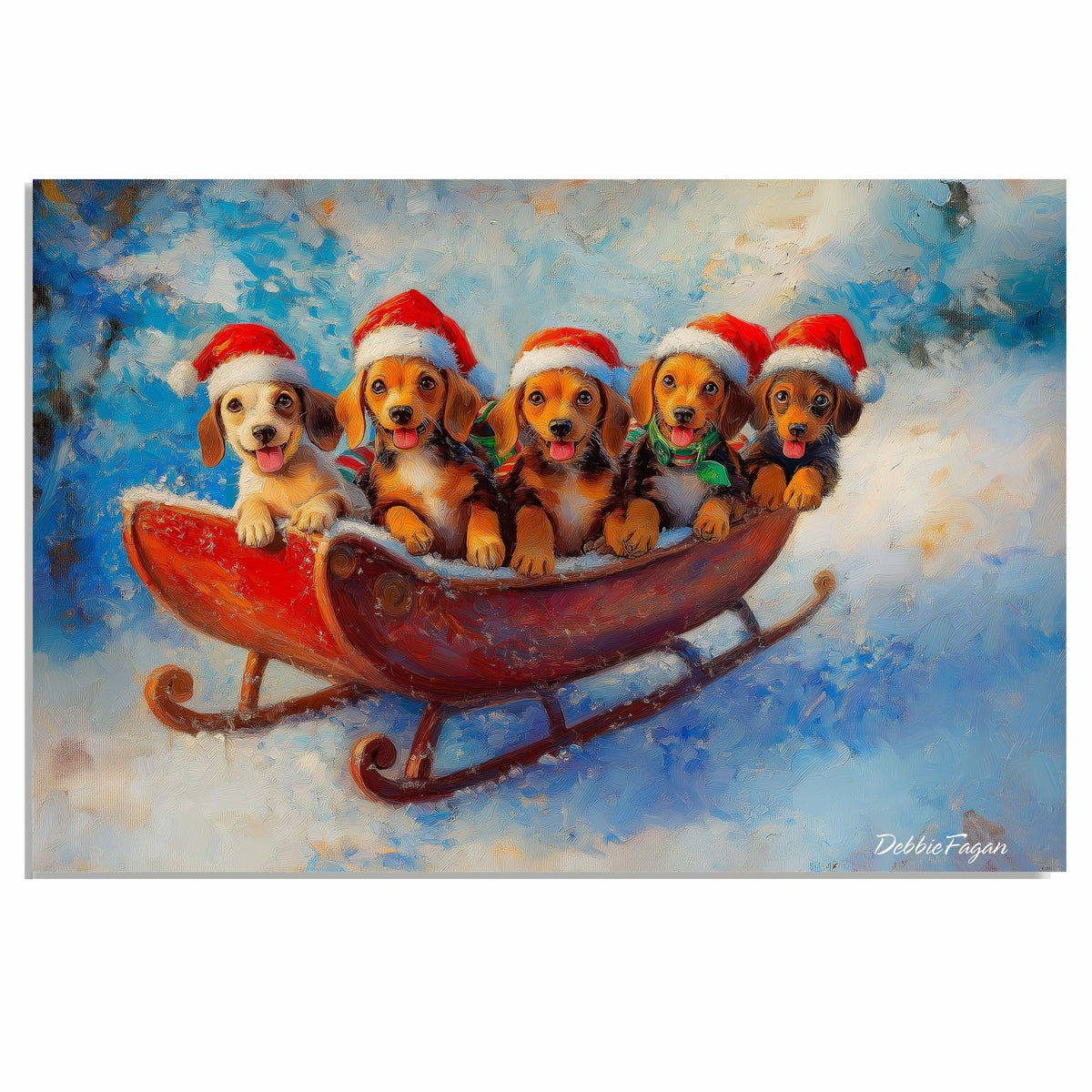 Dog Christmas Canvas  - "Puppy Joyride" - Adorable Puppies in Santa Hats on a Sleigh in Winter Wonderland on Ready to Hang 1.5" Thick Canvas Wrap, Floating Framed Canvas, Flat Rolled Canvas