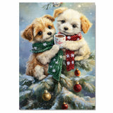 Two Baby Puppies in Red and Green Scarves Sharing Cocoa on Snowy Christmas Tree with Ornaments Holiday Art Print for Nursery or Cozy Winter Wall Decor on Ready to Hang 1.5" Thick Canvas Wrap, Floating Framed Canvas, Flat Rolled Canvas