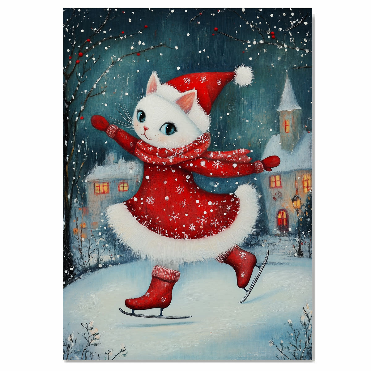 Christmas Wall Art Featuring White Cat Ice Skating in Red Snowflake Outfit Whimsical Holiday Illustration for Cozy Winter Decor and Animal Lovers on Ready to Hang 1.5" Thick Canvas Wrap, Floating Framed Canvas, Flat Rolled Canvas