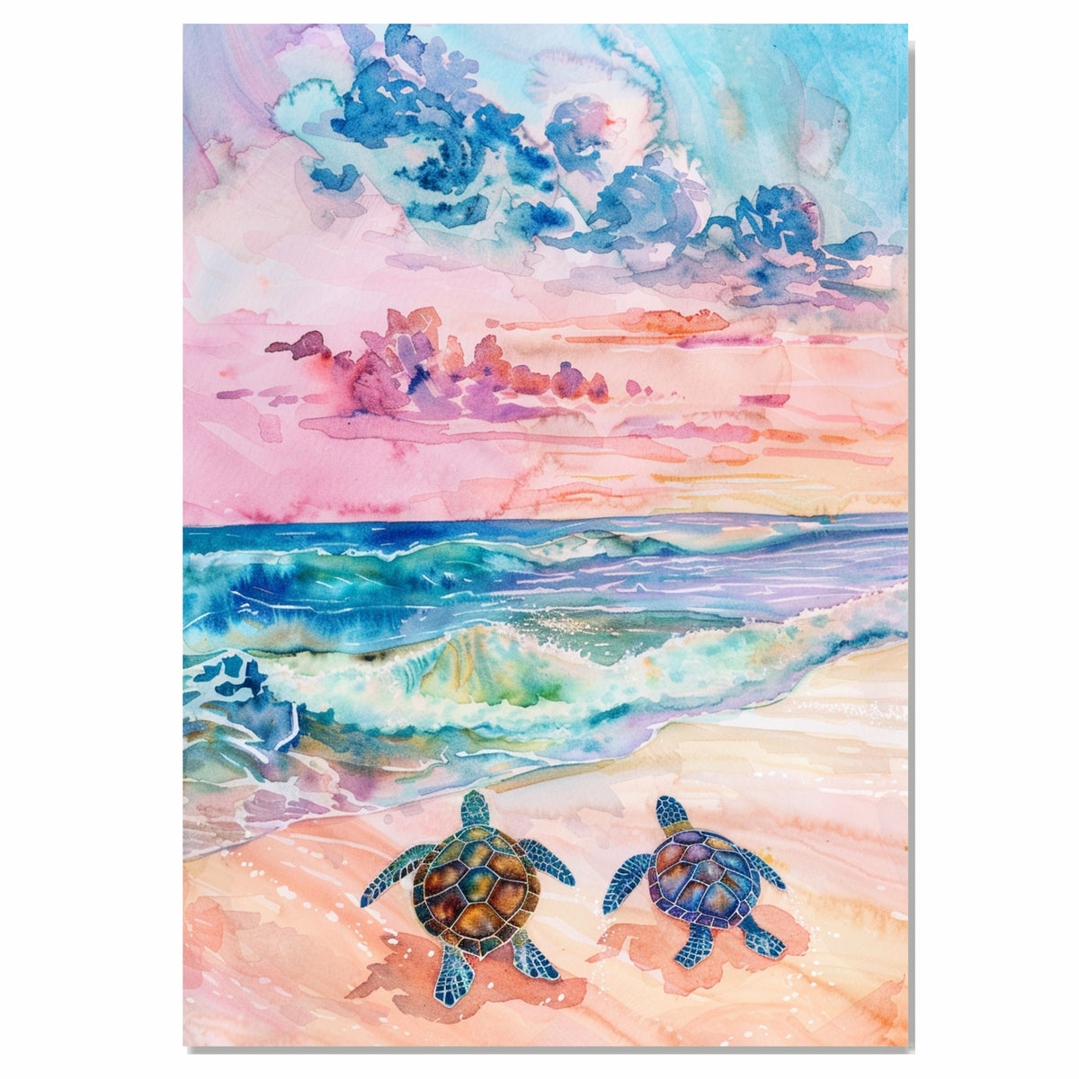 Watercolor Painting of Two Sea Turtles on the Beach Heading Toward Ocean Waves Under a Colorful Sunset Sky on Ready to Hang 1.5" Thick Canvas Wrap, Floating Framed Canvas, Flat Rolled Canvas