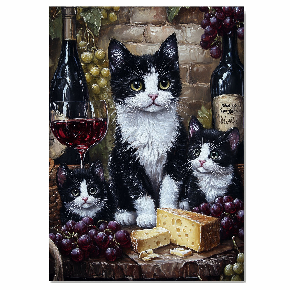 Vineyard Charm: Tuxedo Cat Mom and Two Kittens with Wine and Cheese on Ready to Hang 1.5" Thick Canvas Wrap, Floating Framed Canvas, Flat Rolled Canvas