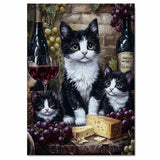 Vineyard Charm: Tuxedo Cat Mom and Two Kittens with Wine and Cheese on Ready to Hang 1.5" Thick Canvas Wrap, Floating Framed Canvas, Flat Rolled Canvas